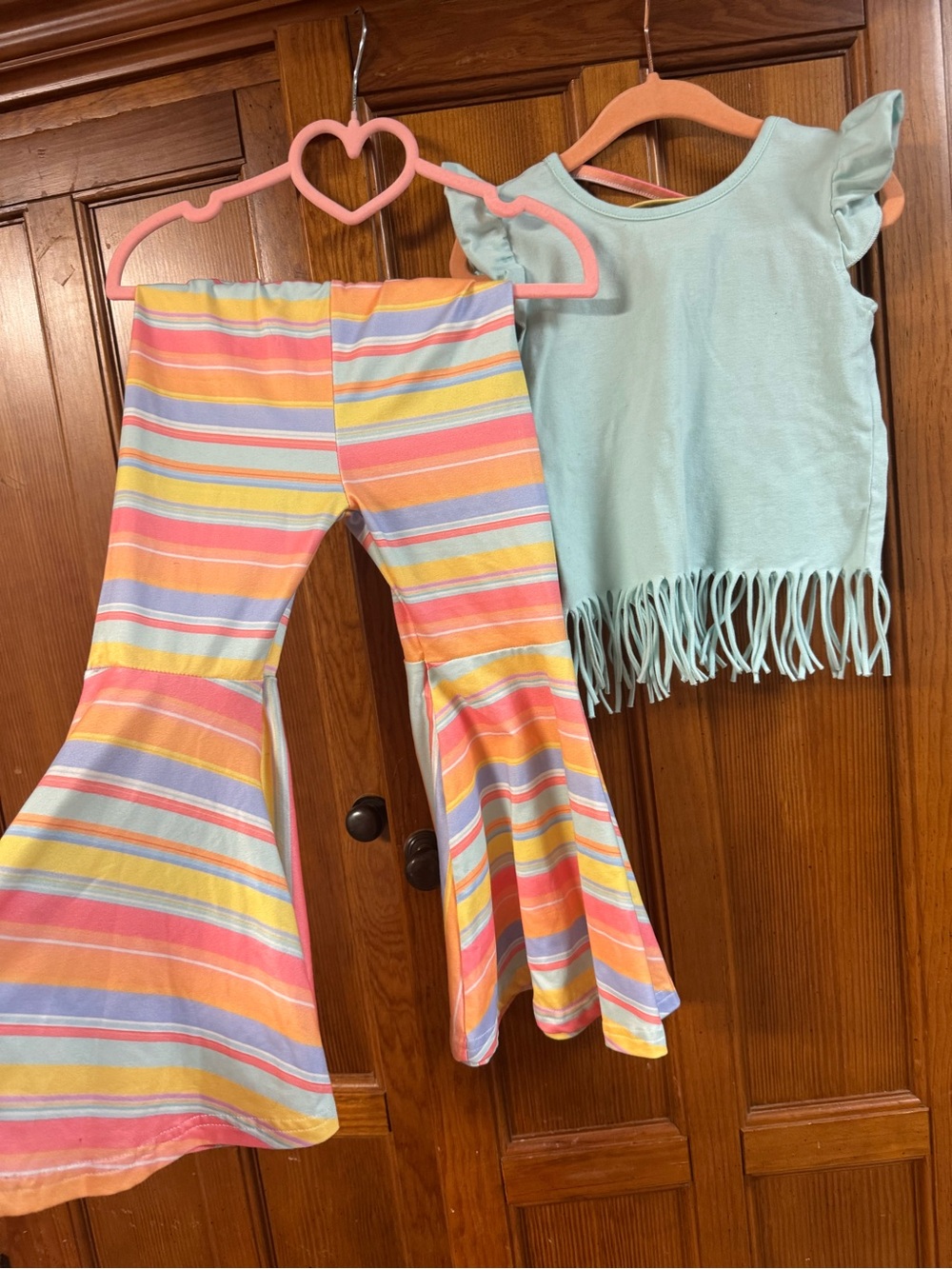 Girls Pastel Striped Bell Bottoms & Mint Fringe Tee Set